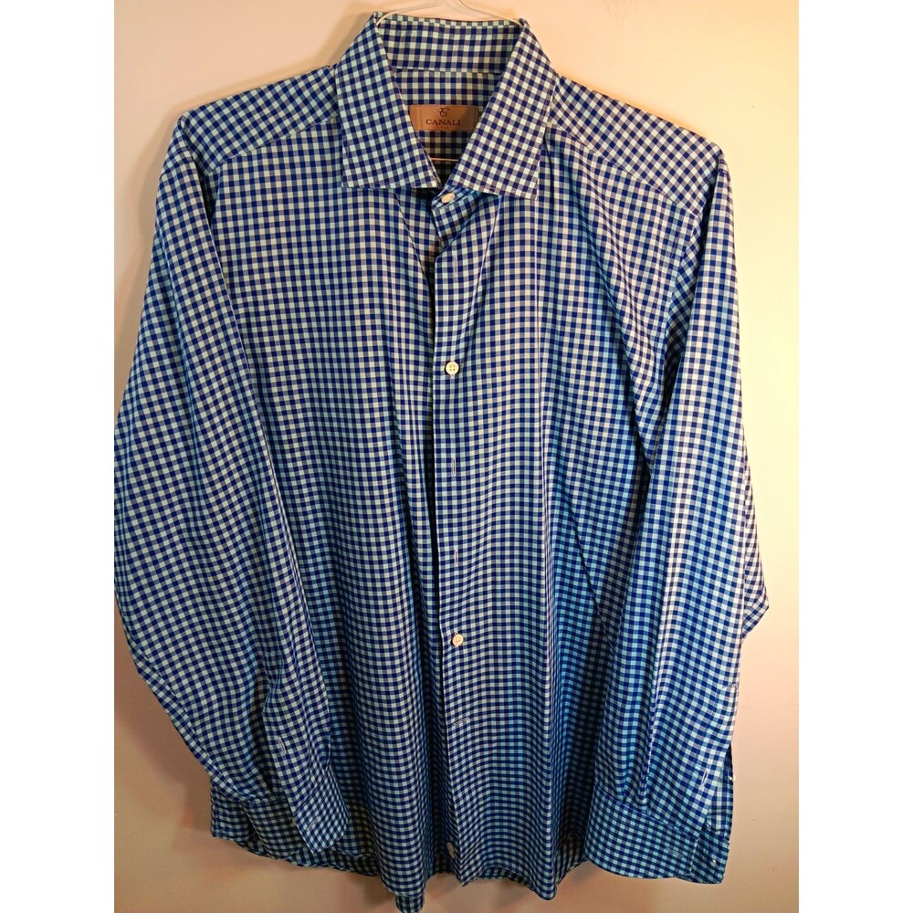 CANALI 1934 Mens Dress Shirt Size 43 17 Blue Gingham Check Spread Collar Italy